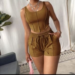 Brown Tank Top & Drawstring Shorts Set